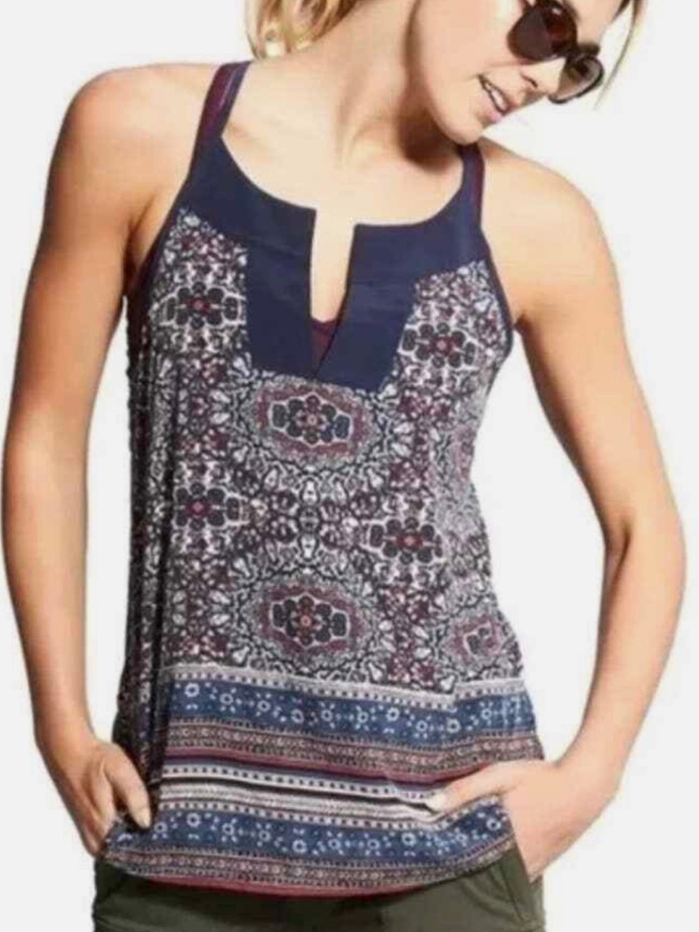 Athleta Medallion Dunes Navy Tassel Tie Sleeveless Blouse Top
